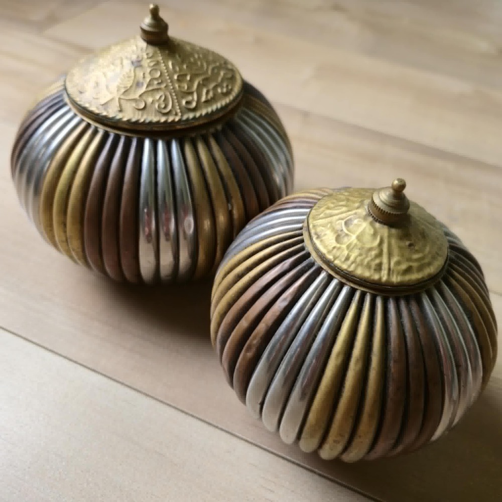 Vintage Mixed Metal Canisters Set of 2 Brass Copper Silver Embossed Lids Decor